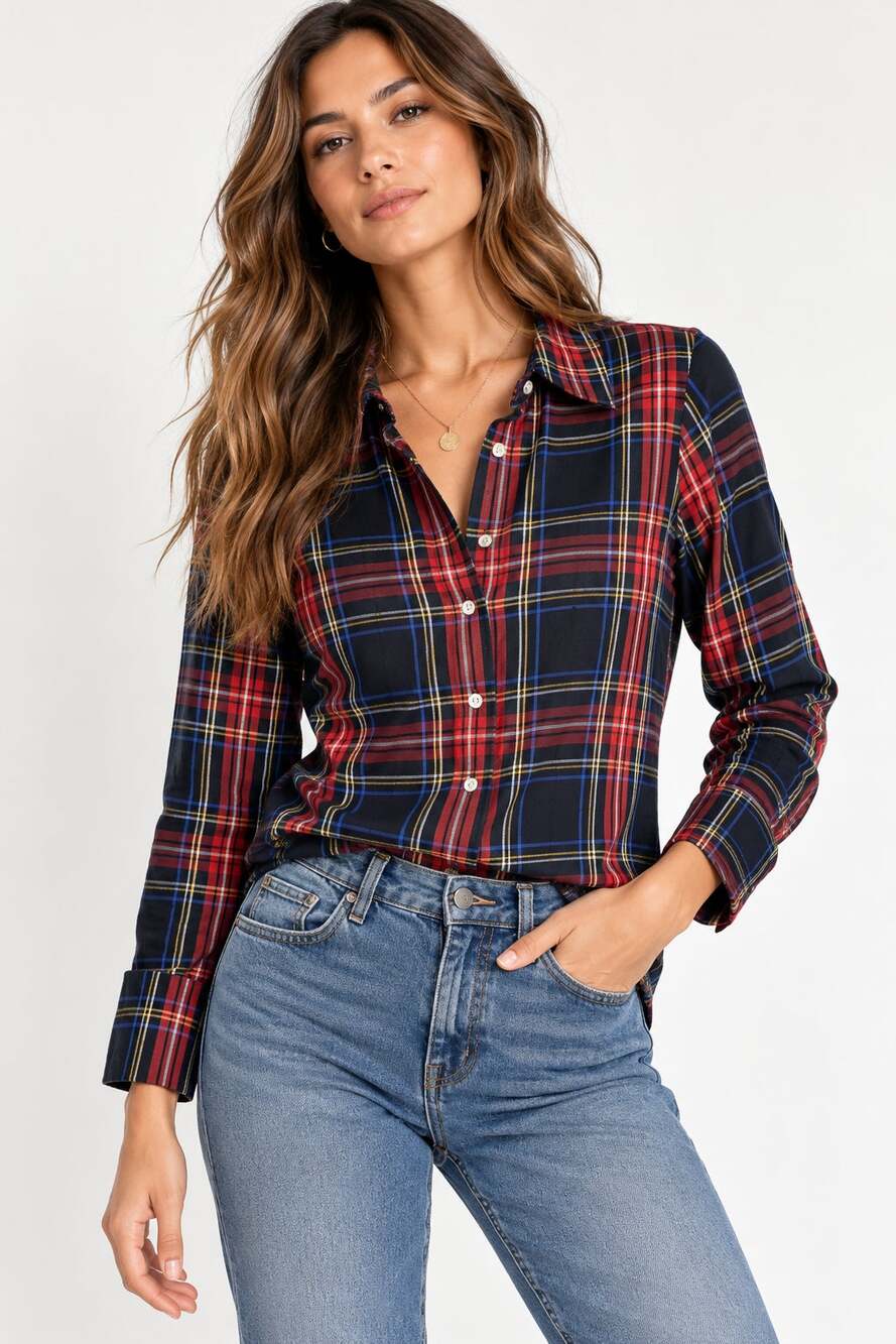 J Crew Black Red Plaid Button Down Shirt Womens Slim 4 Classic Flannel Blouse